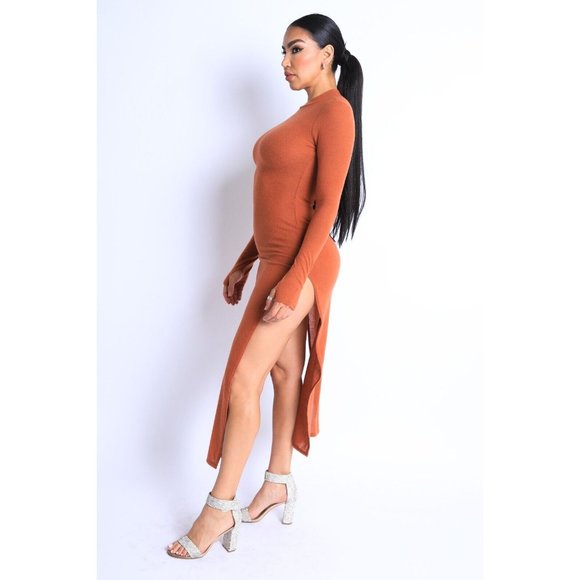 Women's Hacci Mock Neck Long Sleeves Double Slits Maxi Dress Rust S M L - Picture 7 of 7